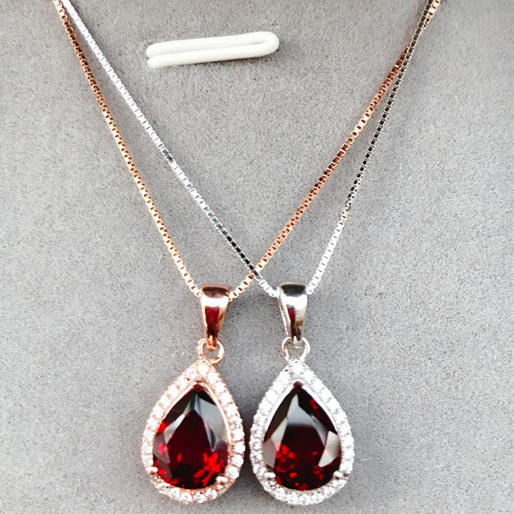 "Natural Mozambique Garnet" - Drop Shape Pendant Necklace