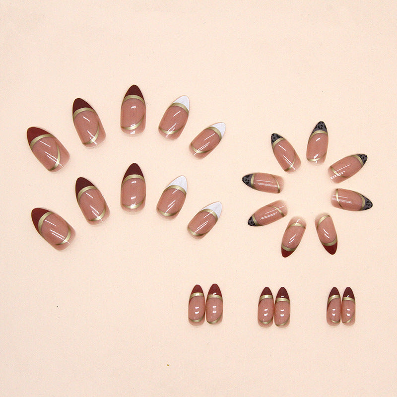 Gold Almond-shaped Color-blocking Leopard Print False Nails