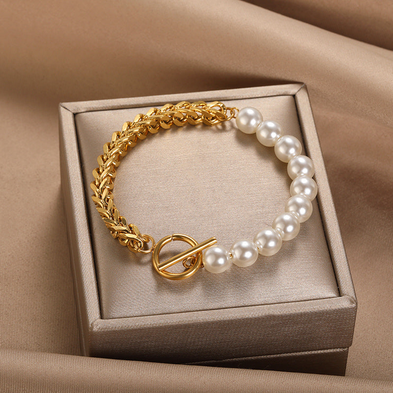 "On the Cusp"- Simulated Pearl and Stainless Steel Bracelet