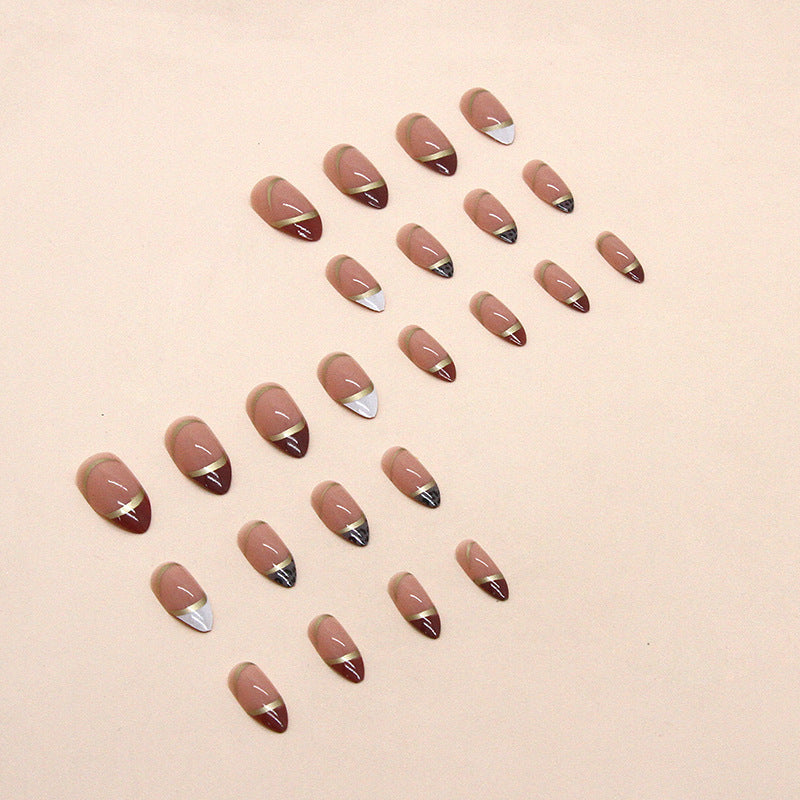 Gold Almond-shaped Color-blocking Leopard Print False Nails