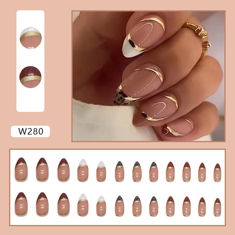 Gold Almond-shaped Color-blocking Leopard Print False Nails