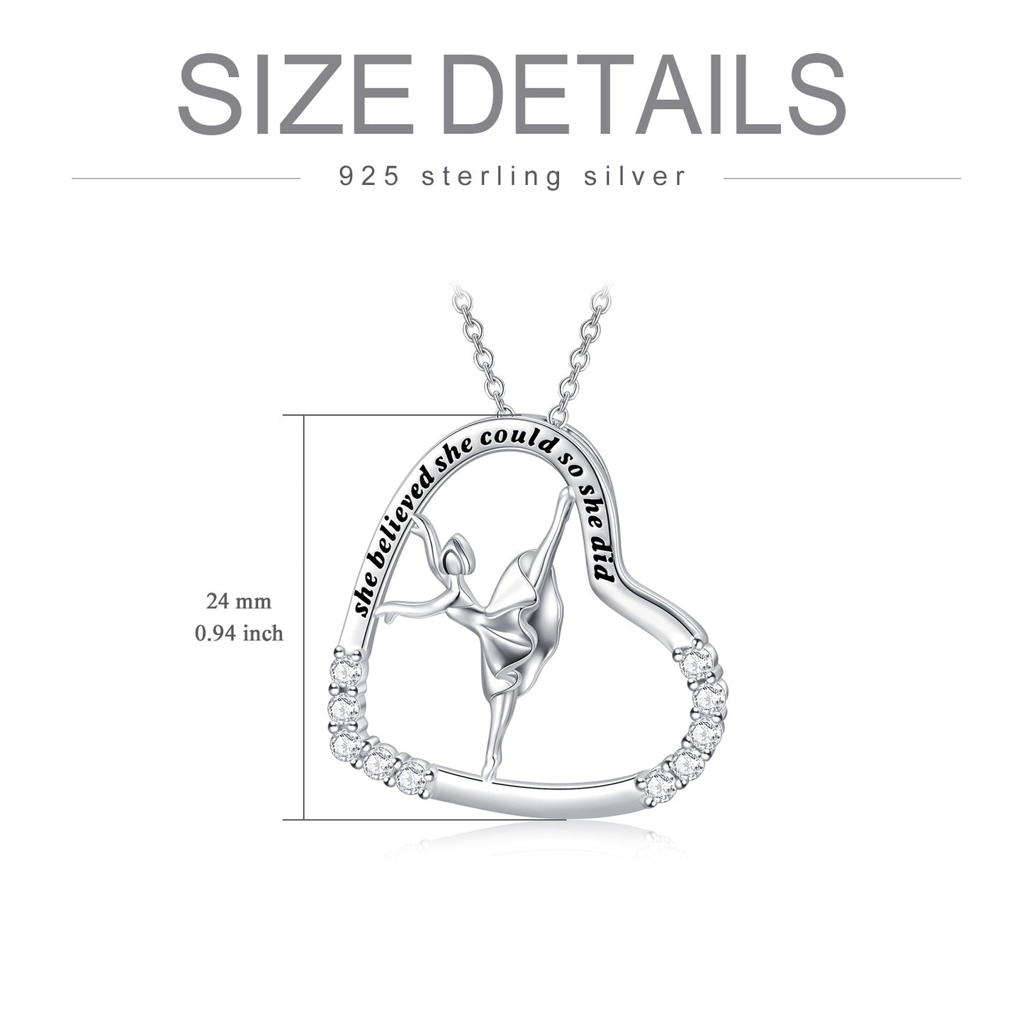 925 Sterling Silver Heart Ballerina Dancer Necklace Pendant