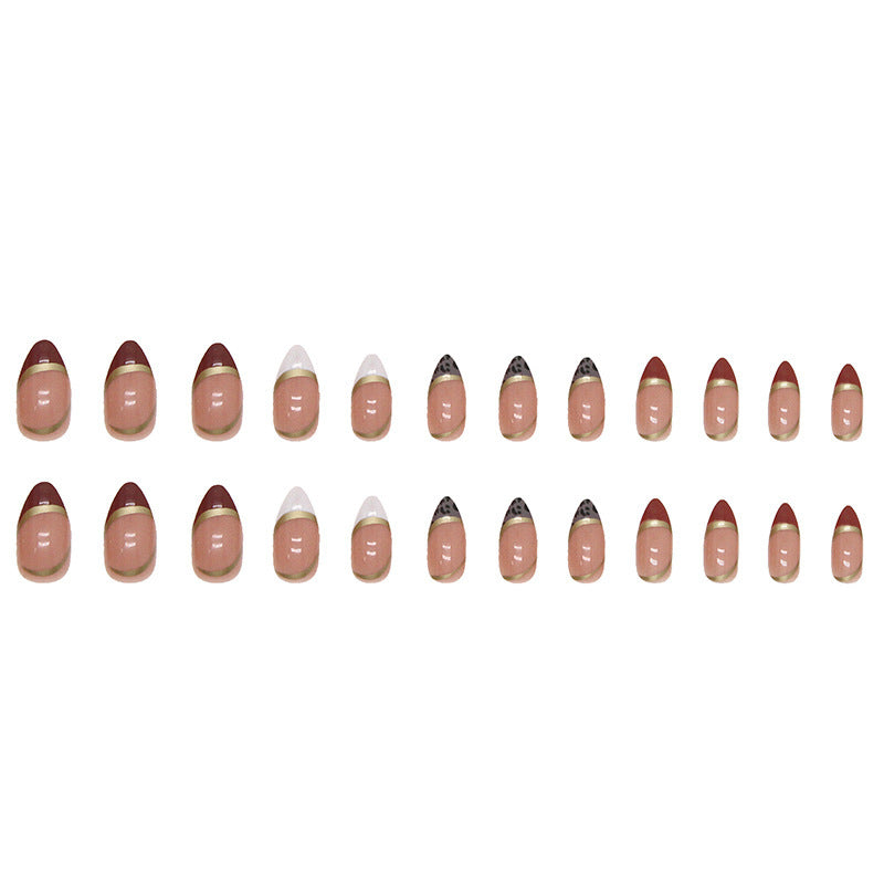 Gold Almond-shaped Color-blocking Leopard Print False Nails