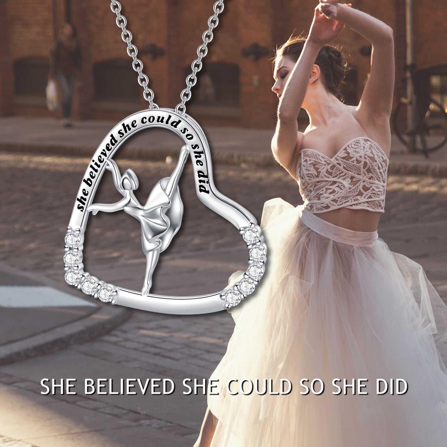 925 Sterling Silver Heart Ballerina Dancer Necklace Pendant