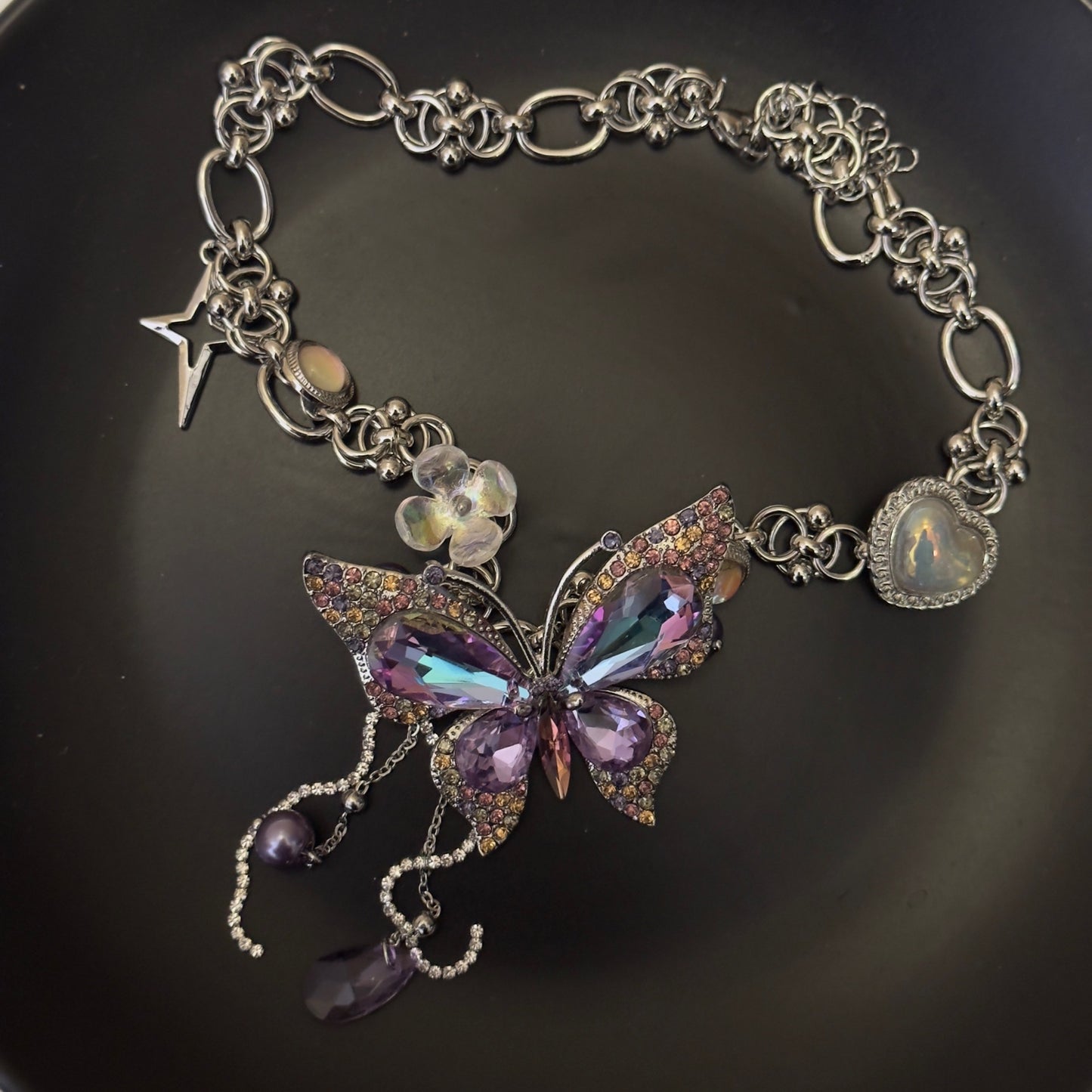 Shimmering Purple Butterfly Necklace and Ear Piece