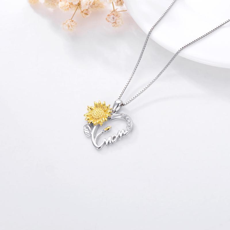 "Mom"  - 925 Sterling Silver Sunflower Heart Pendant Necklace