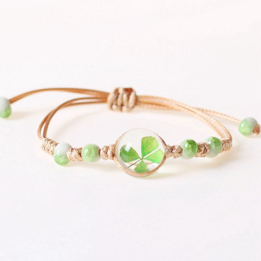 Handmade Dried Flower Four-leaf Clover Bracelet