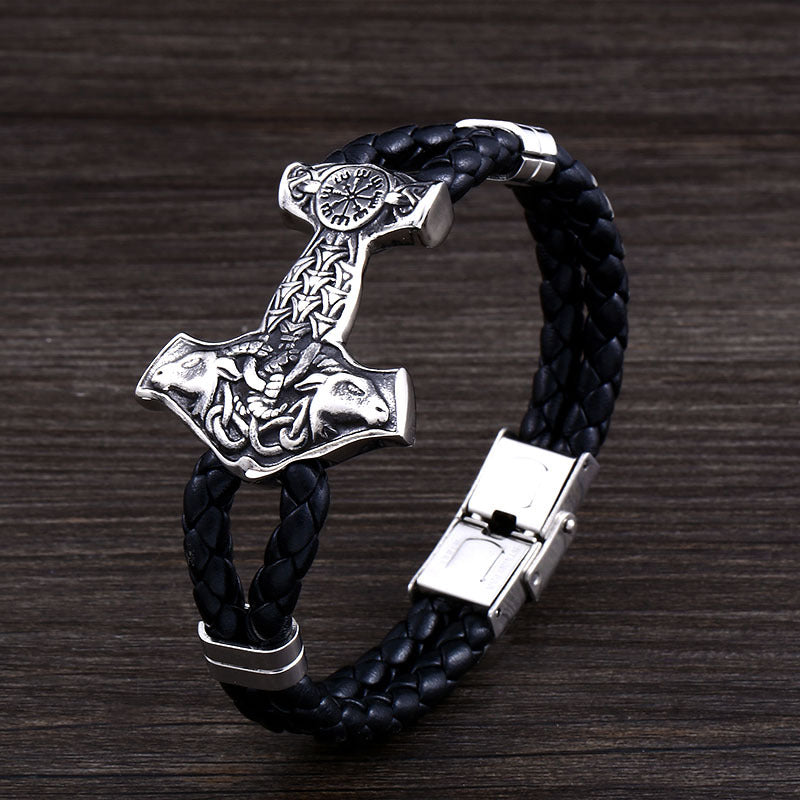 Retro Goat Viking Titanium Steel Soft Leather Bracelet