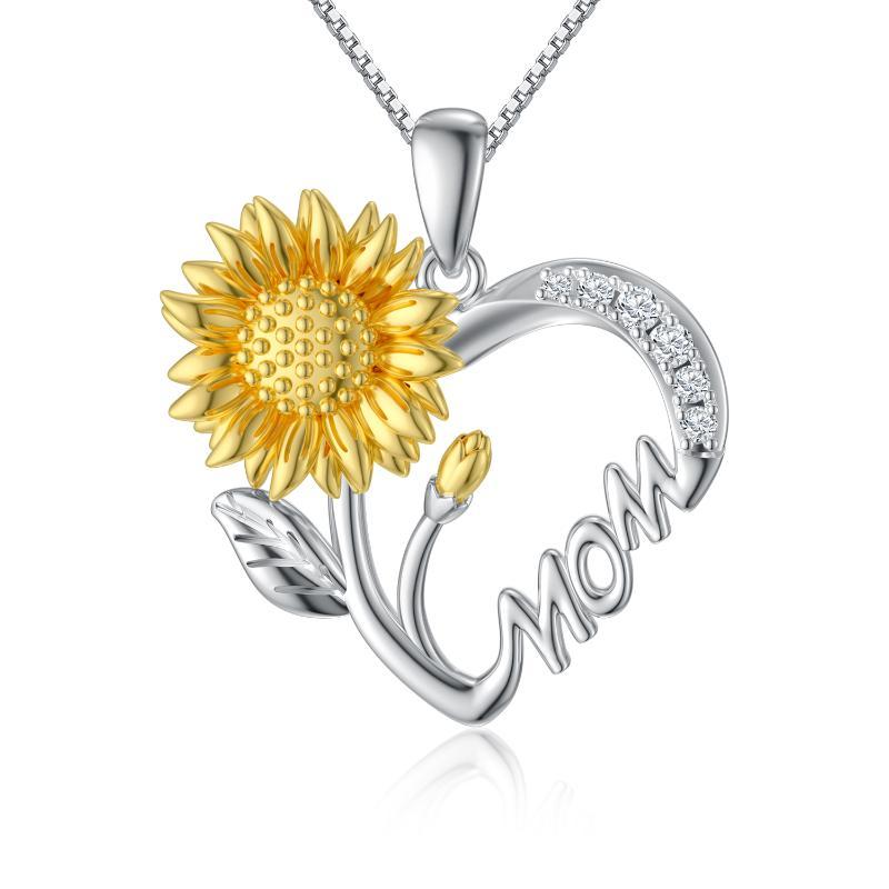 "Mom"  - 925 Sterling Silver Sunflower Heart Pendant Necklace