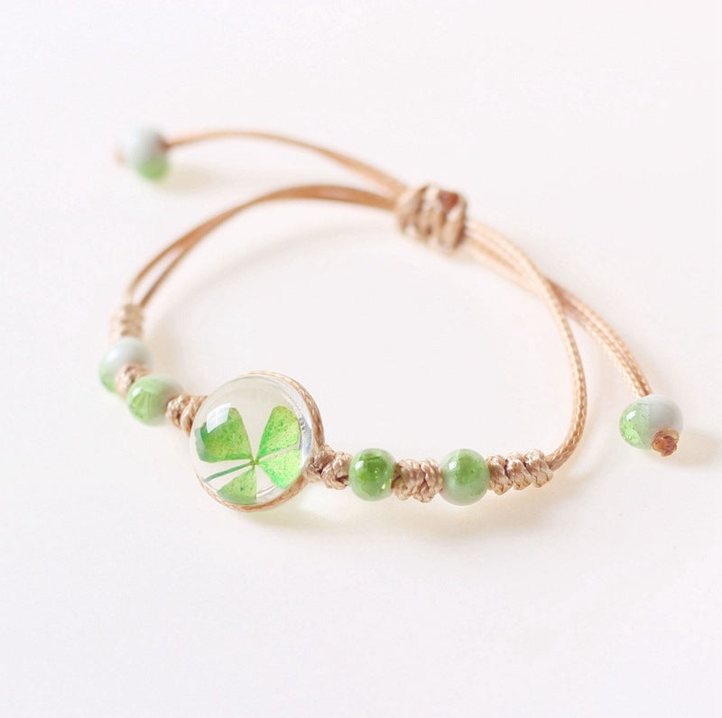 Handmade Dried Flower Four-leaf Clover Bracelet