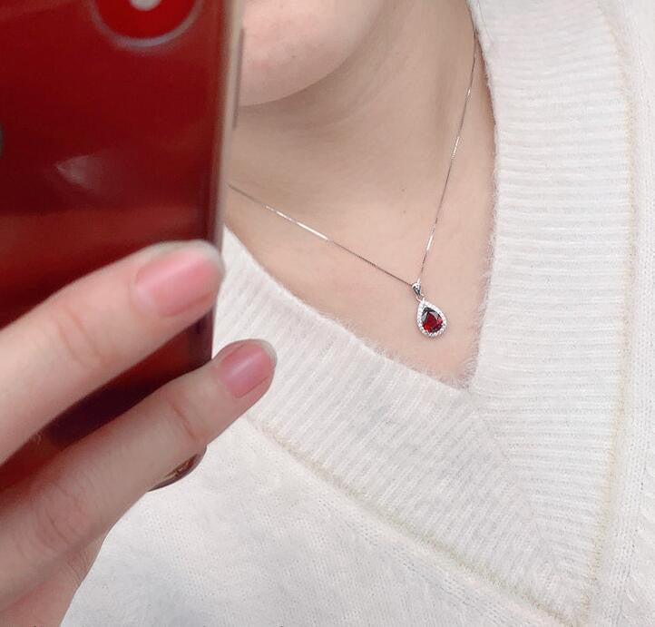 "Natural Mozambique Garnet" - Drop Shape Pendant Necklace