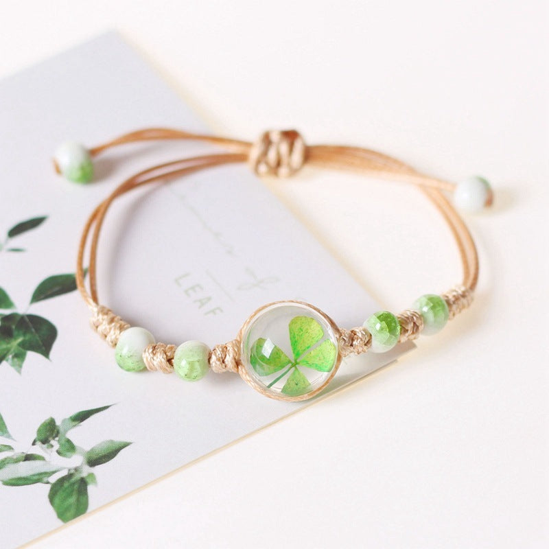 Handmade Dried Flower Four-leaf Clover Bracelet