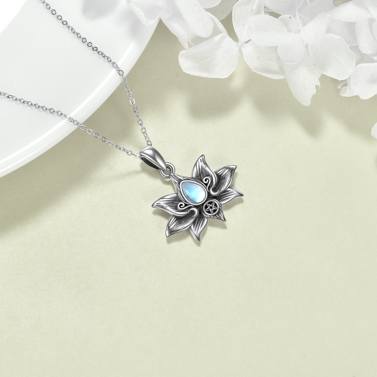 "Lotus Moonstone" - Lotus Flower Pendant Necklace
