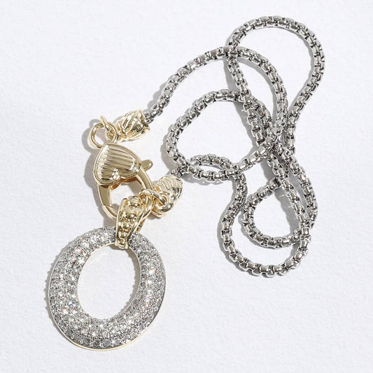 "Oh Love" - Two-tone CZ Stone Paved Open Oval Pendant Necklace