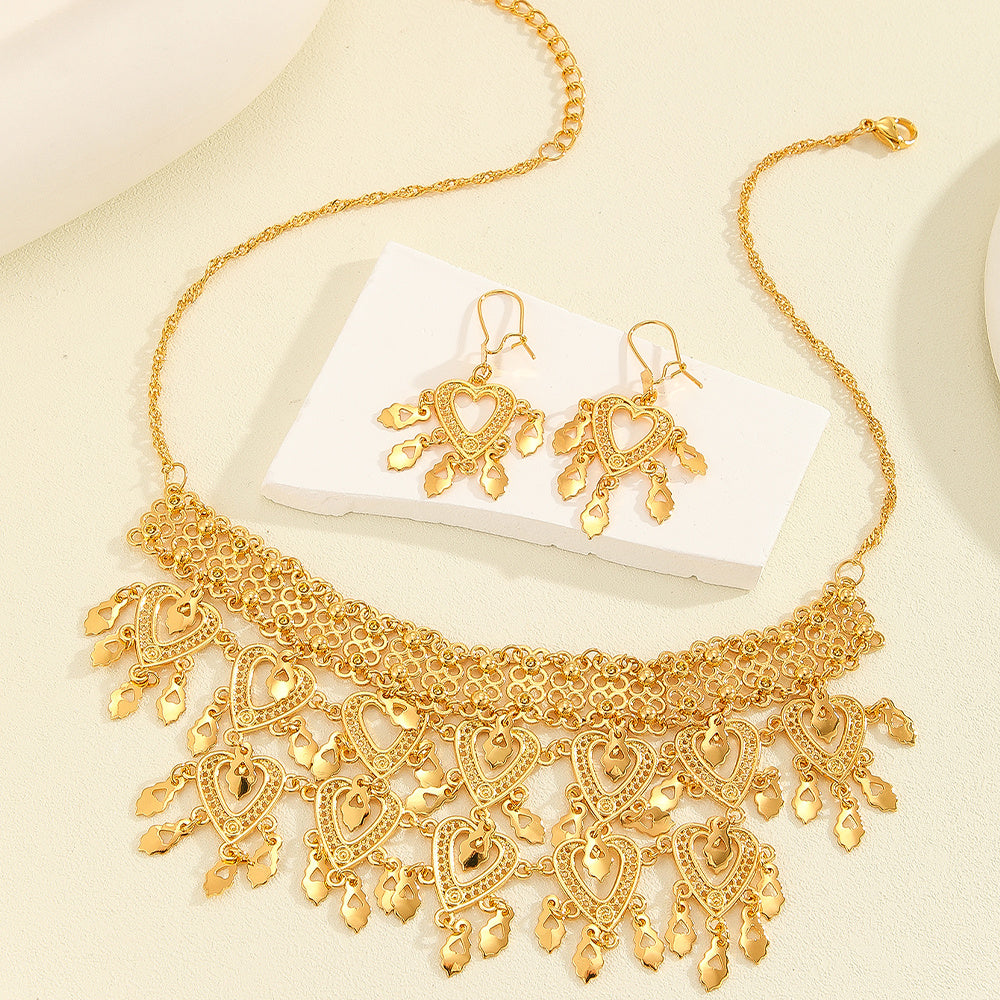 "Golden Glamour" - Retro Heart-shaped Necklace and Earrings