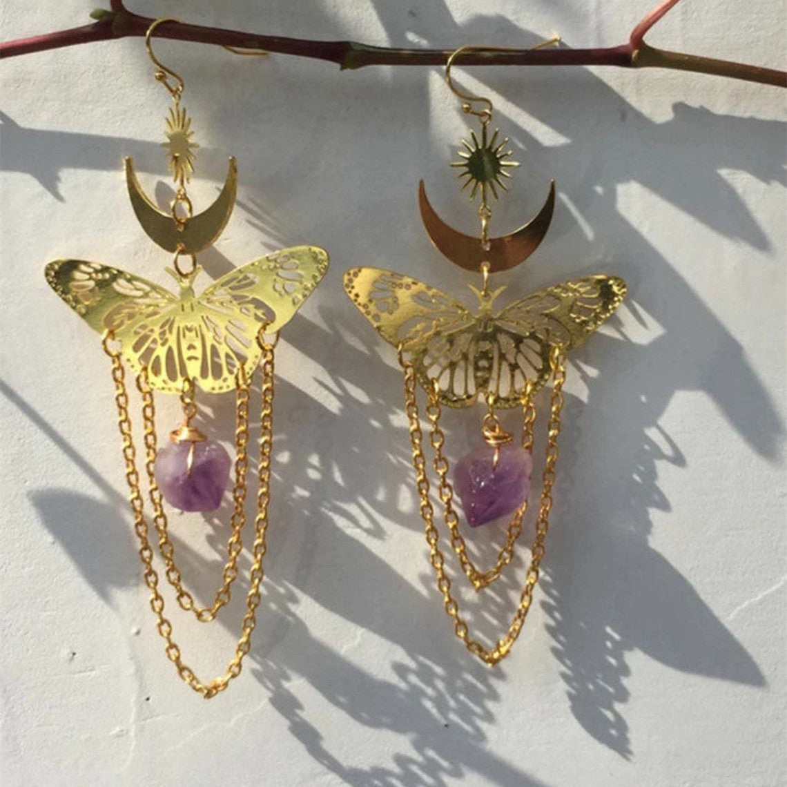Amethyst Butterfly Moon Earrings