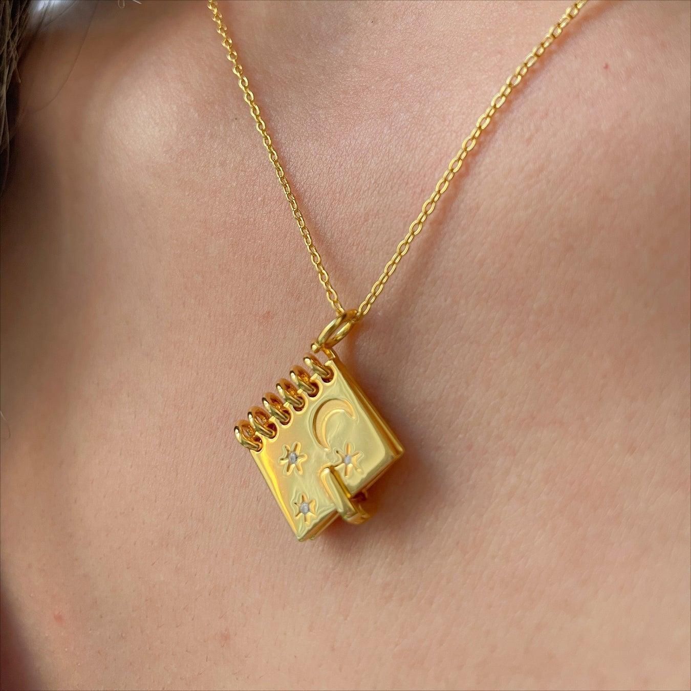 "Love, Stars & Moon" - Openable Book-shaped Pendant Necklace