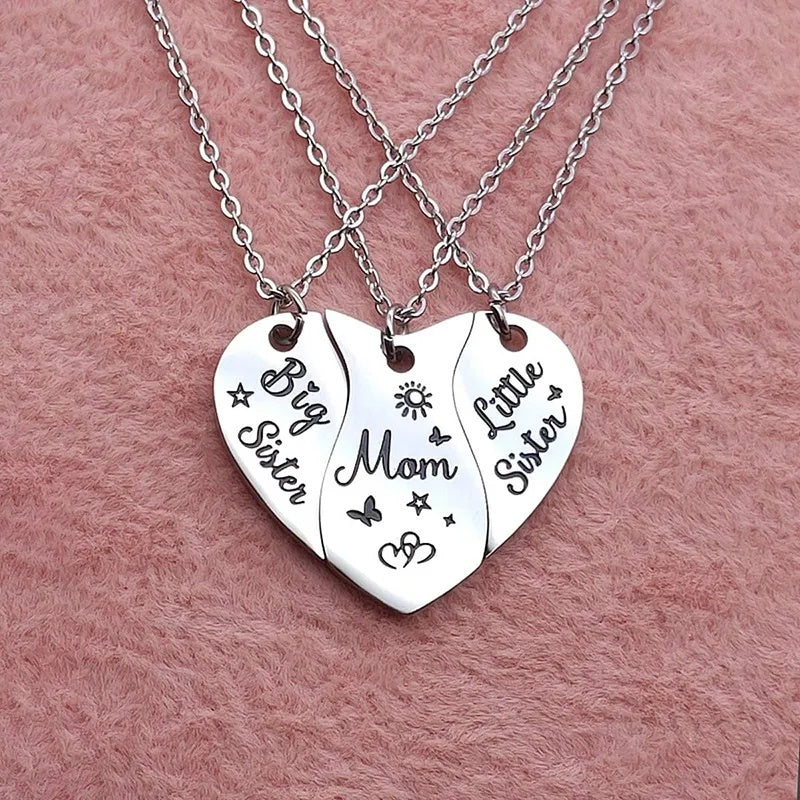 "Mom & Sisters" - 3 PCS Heart-shaped Stainless Steel Necklaces
