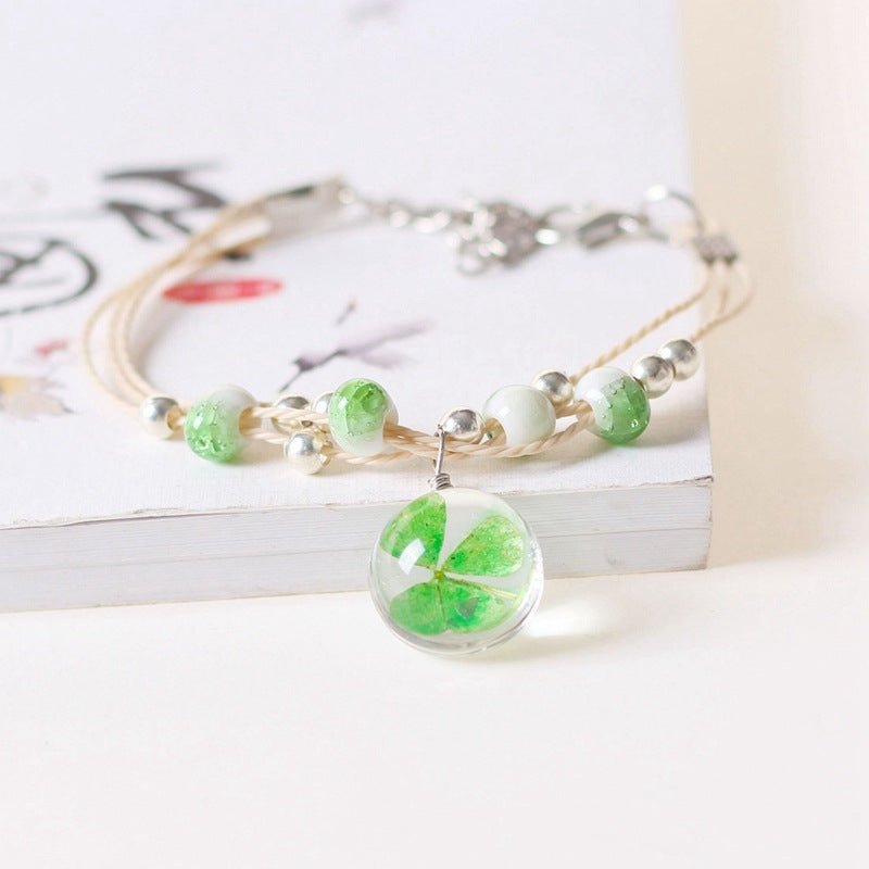 Handmade Dried Flower Four-leaf Clover Bracelet