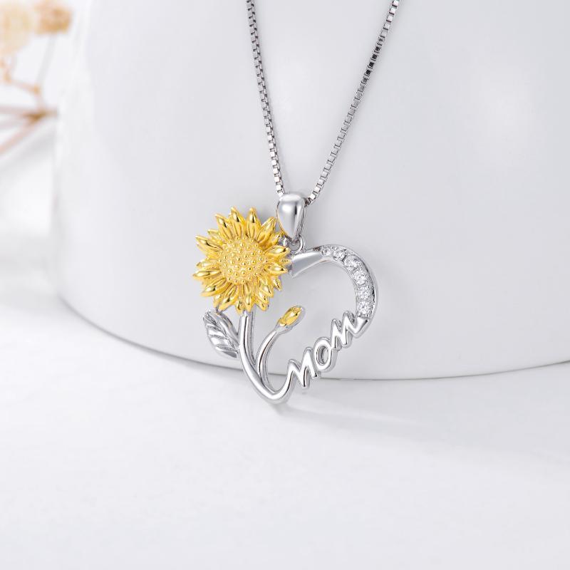 "Mom"  - 925 Sterling Silver Sunflower Heart Pendant Necklace