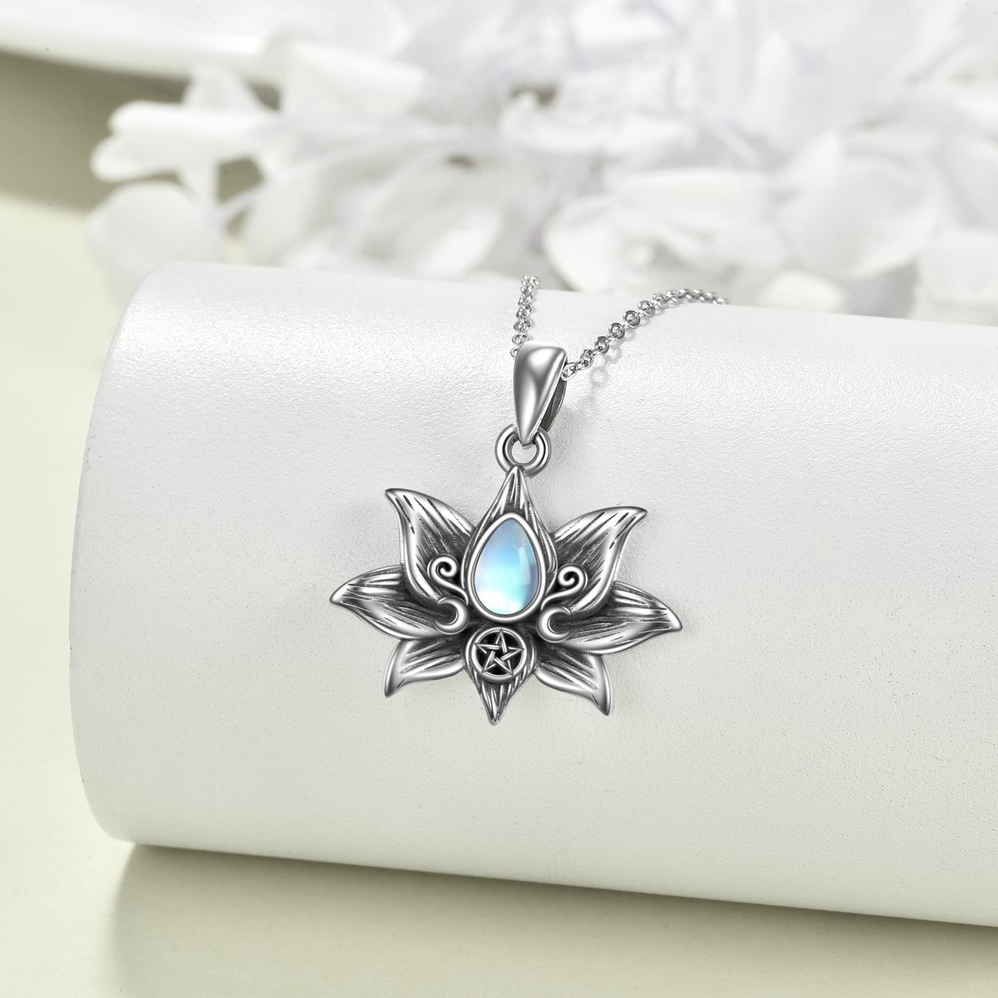 "Lotus Moonstone" - Lotus Flower Pendant Necklace