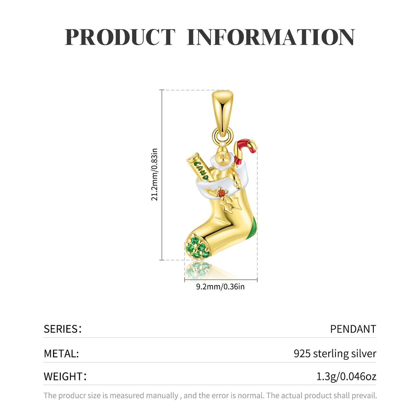 S925 Sterling Silver Christmas Stocking Necklace Pendant