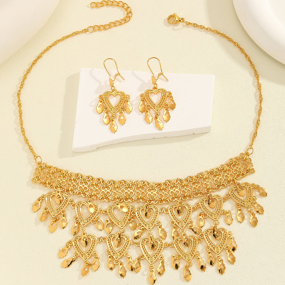 "Golden Glamour" - Retro Heart-shaped Necklace and Earrings