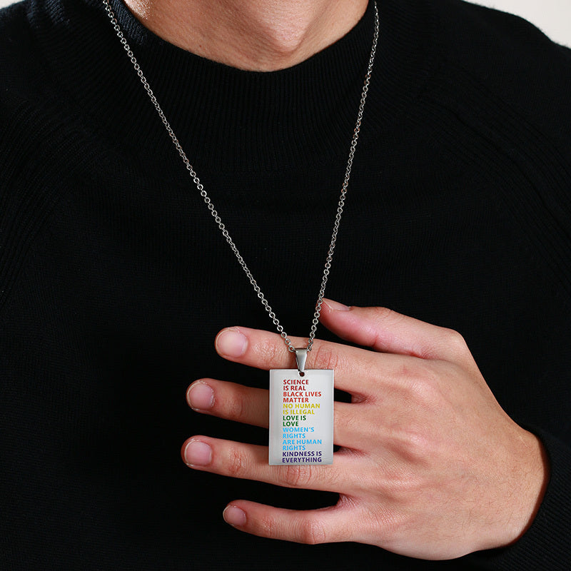 "Rainbow of Equality"- Stainless Steel English Square Pendant Necklace