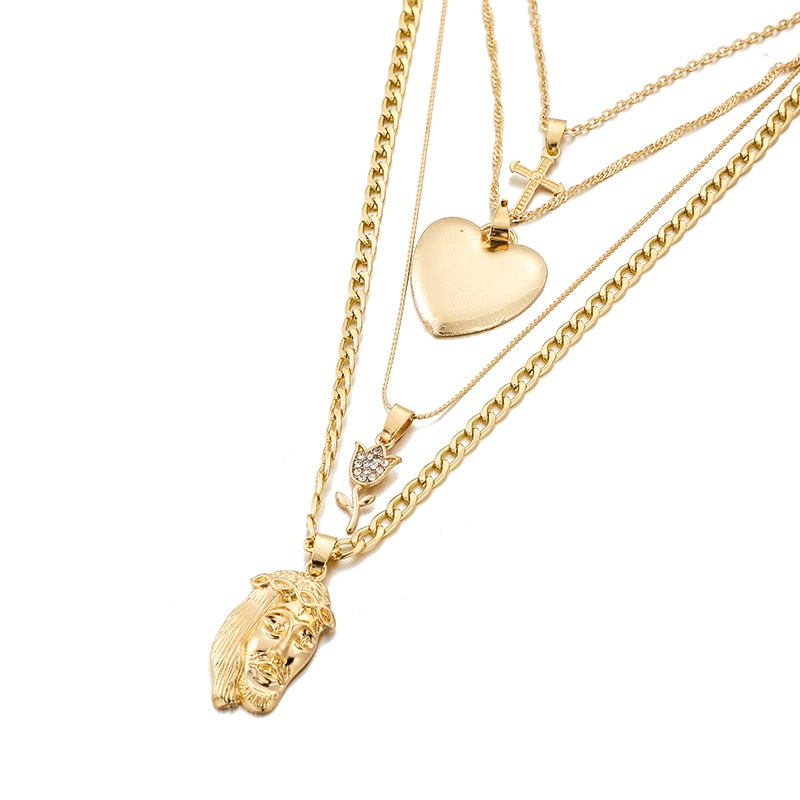 Multi-layered Gold-plated Heart Cross Pendant Necklace