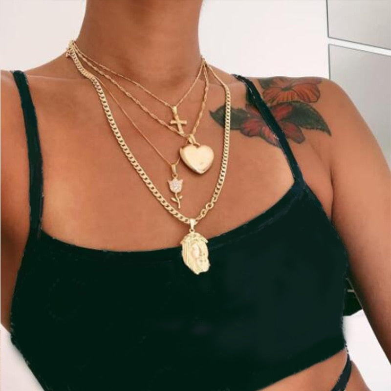 Multi-layered Gold-plated Heart Cross Pendant Necklace