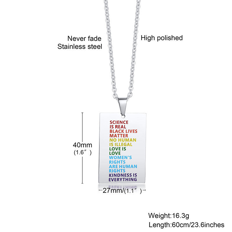 "Rainbow of Equality"- Stainless Steel English Square Pendant Necklace