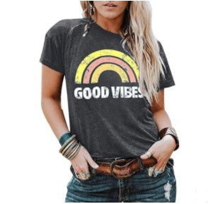 "Good Vibes" - Rainbow Pattern Printed Short-sleeved T-shirt