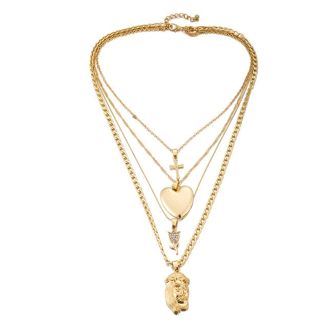 Multi-layered Gold-plated Heart Cross Pendant Necklace