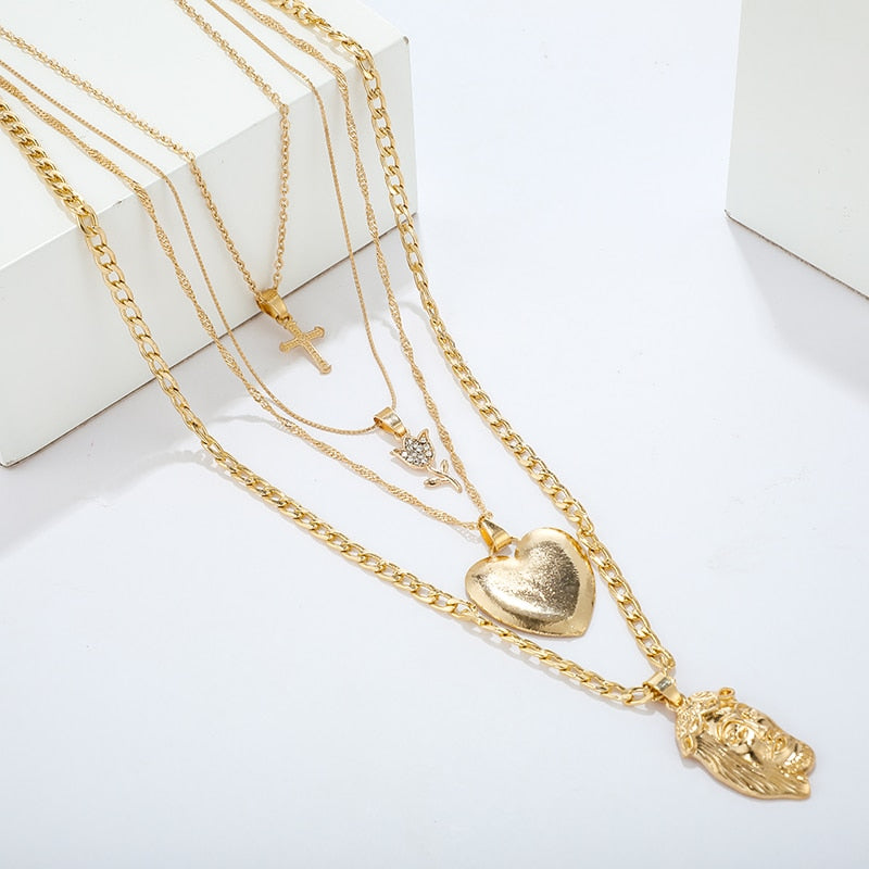 Multi-layered Gold-plated Heart Cross Pendant Necklace
