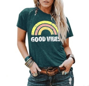 "Good Vibes" - Rainbow Pattern Printed Short-sleeved T-shirt