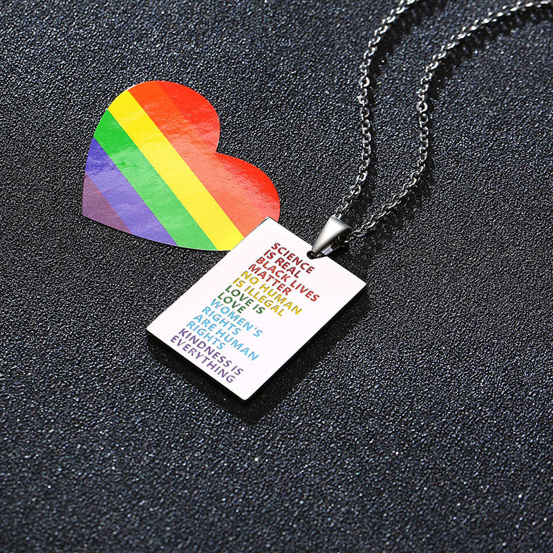 "Rainbow of Equality"- Stainless Steel English Square Pendant Necklace