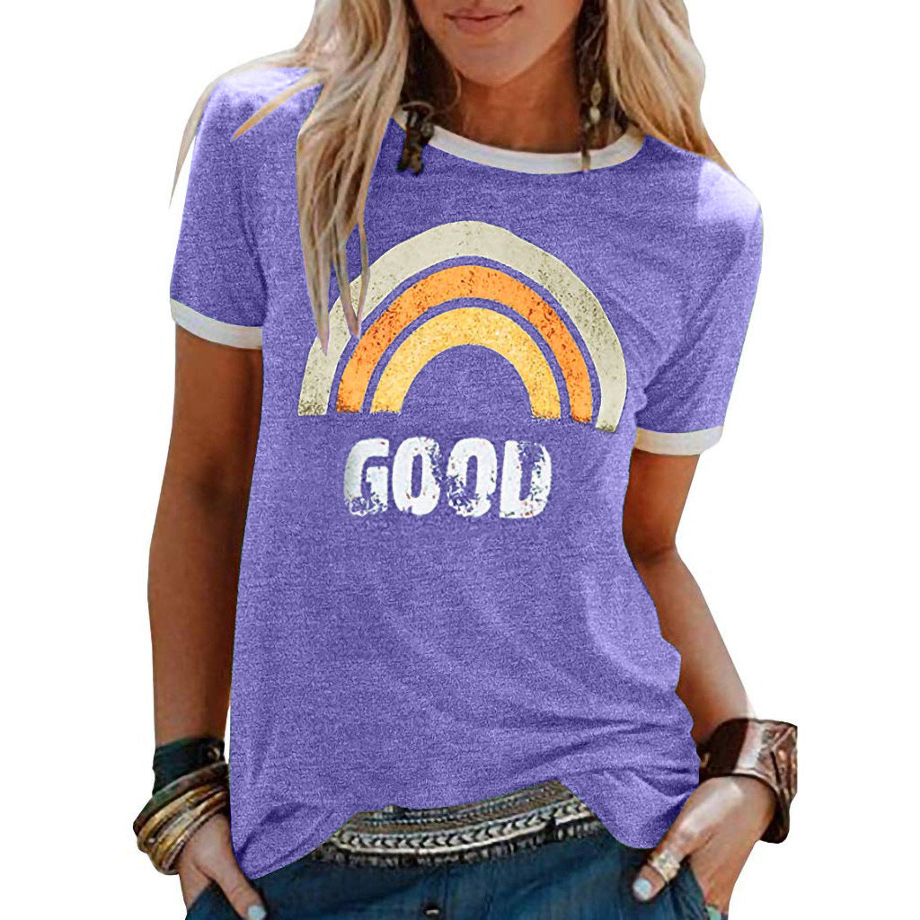 "Good Vibes" - Rainbow Pattern Printed Short-sleeved T-shirt