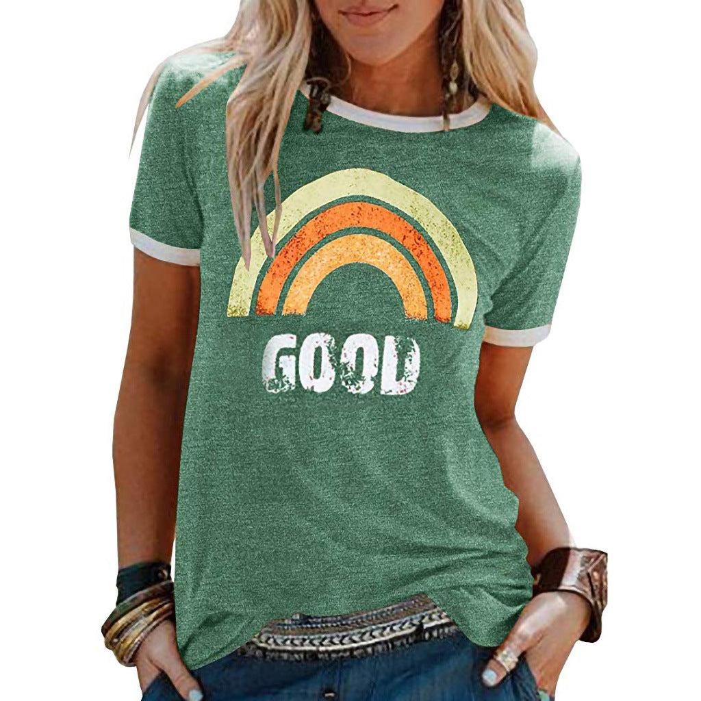 "Good Vibes" - Rainbow Pattern Printed Short-sleeved T-shirt