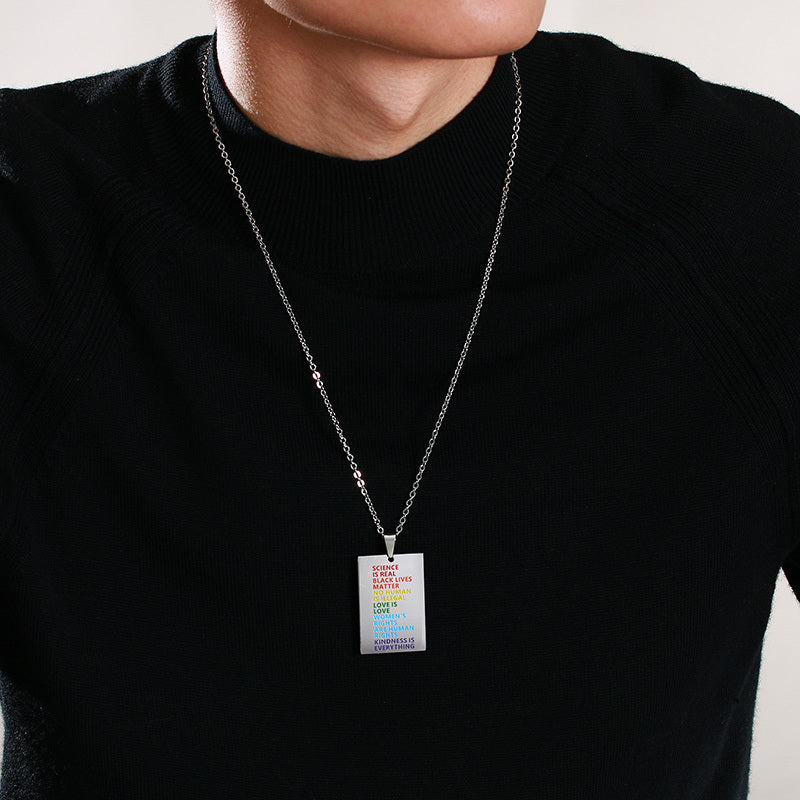 "Rainbow of Equality"- Stainless Steel English Square Pendant Necklace