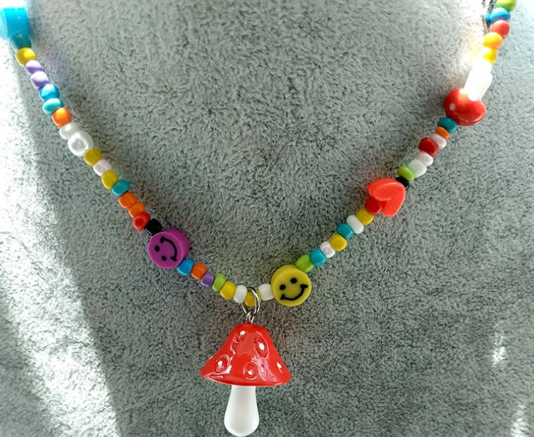 Handmade Rice Beaded Rainbow and Mushroom Clavicle Chain Necklaces