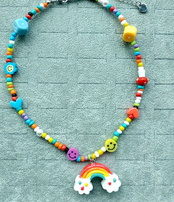 Handmade Rice Beaded Rainbow and Mushroom Clavicle Chain Necklaces