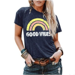 "Good Vibes" - Rainbow Pattern Printed Short-sleeved T-shirt