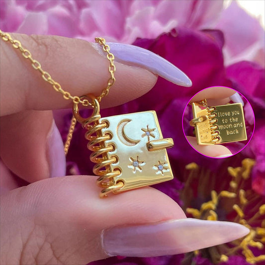 "Love, Stars & Moon" - Openable Book-shaped Pendant Necklace