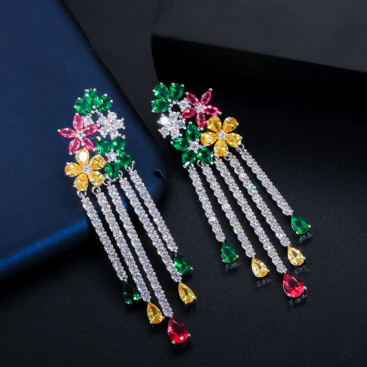 Zircon Floral Tassel Earrings
