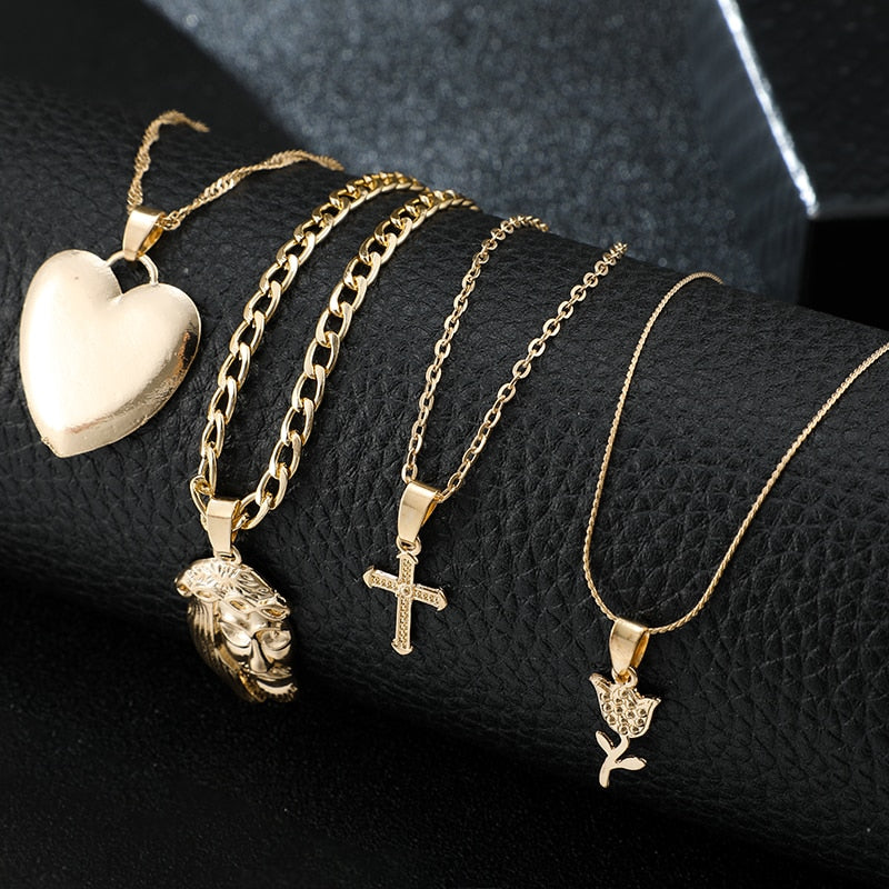 Multi-layered Gold-plated Heart Cross Pendant Necklace