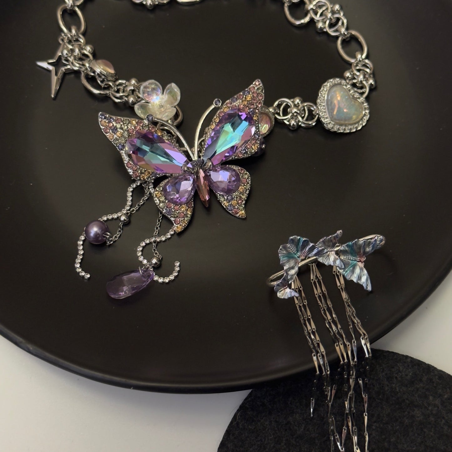 Shimmering Purple Butterfly Necklace and Ear Piece