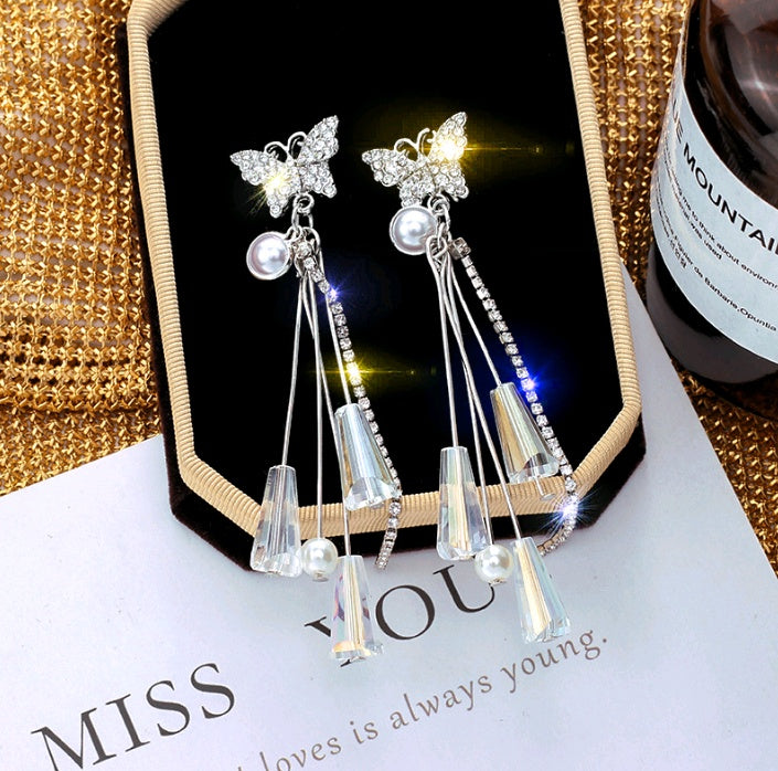 "Silver Butterfly" - Crystal Dangle Earrings