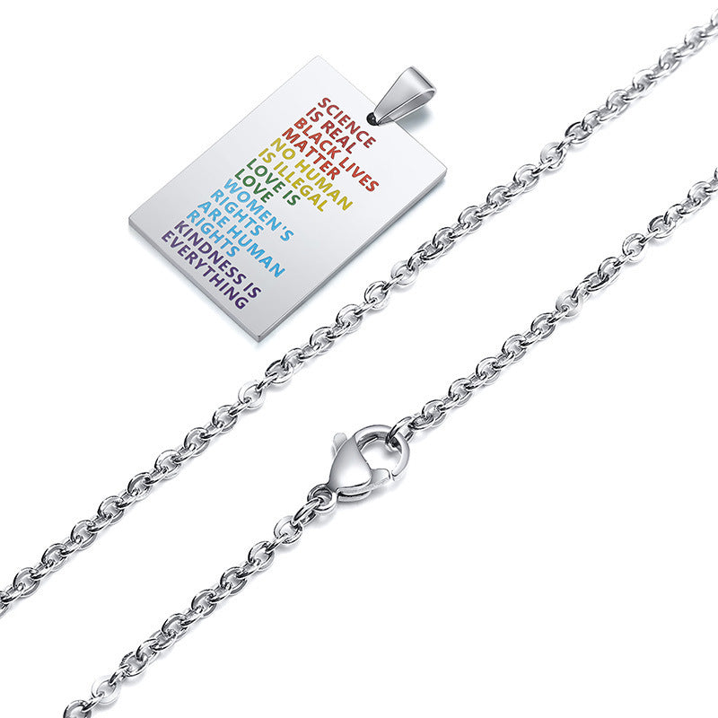 "Rainbow of Equality"- Stainless Steel English Square Pendant Necklace