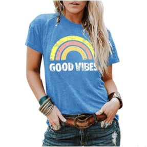 "Good Vibes" - Rainbow Pattern Printed Short-sleeved T-shirt