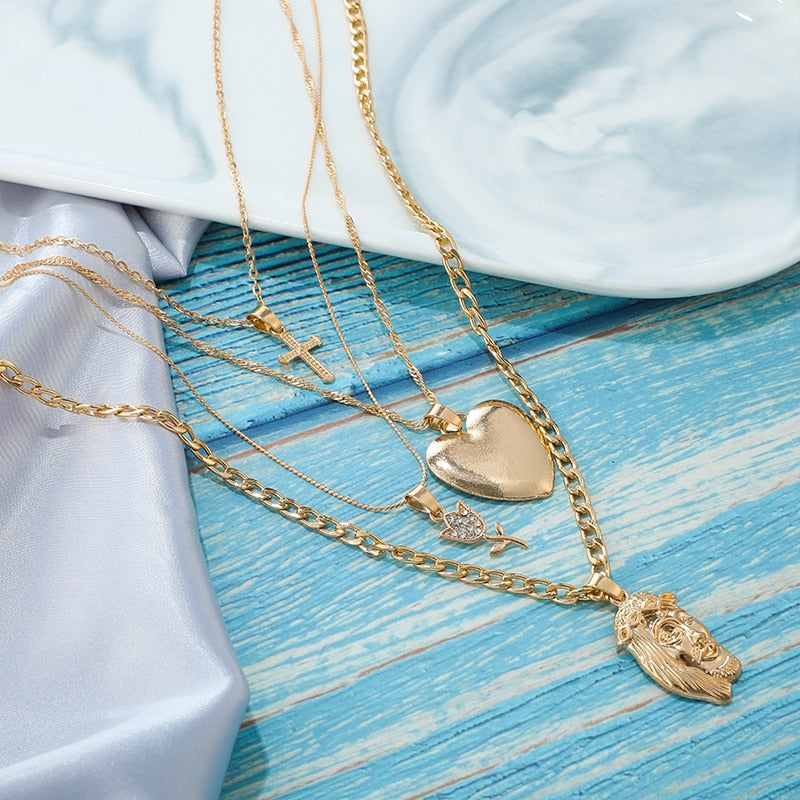 Multi-layered Gold-plated Heart Cross Pendant Necklace